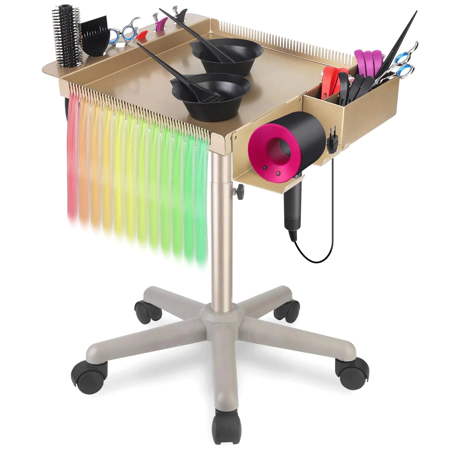 Retain Time Hair Salon Carts Champagne Gold Salon Tray Multi-Function Salon Tray Salon Station(with Wheels) Multi-Function Tray for Hair Stylist Adjustable Salon Color Tray.