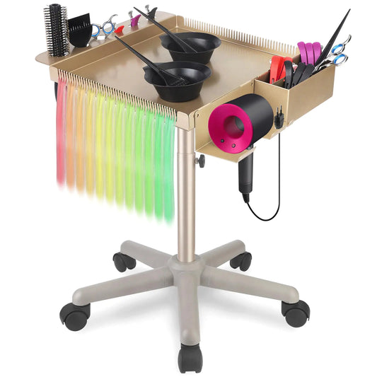 Retain Time Hair Salon Carts Champagne Gold Salon Tray Multi-Function Salon Tray Salon Station(with Wheels) Multi-Function Tray for Hair Stylist Adjustable Salon Color Tray.
